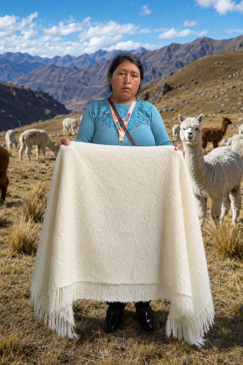 Artesana peruana mostrando su chal de alpaca en los Andes